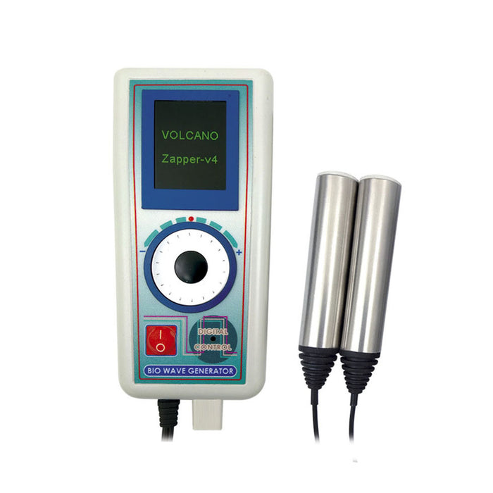 Volcano Zapper V-4 handheld bio wave generator showing LCD screen card slot control buttons and included K1 Parasites memory card